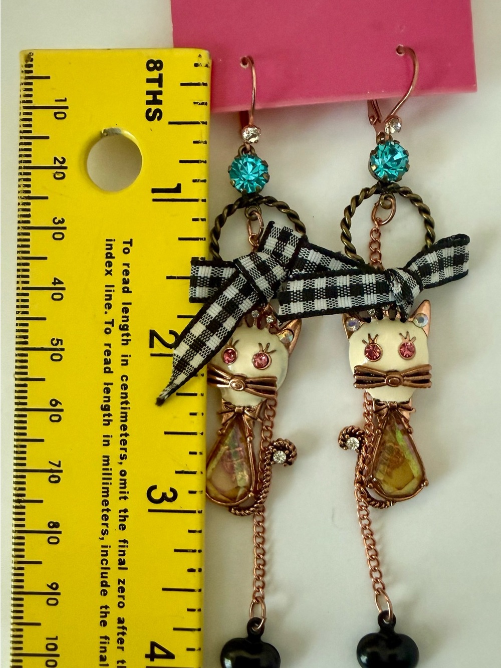 VTG Betsey Johnson Great Day In Paris Cat With Fish In Belly 4” Dangle Earrings - Picture 5 of 5